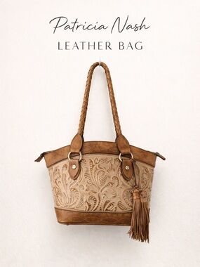 Patricia Nash Zorita Satchel Glazed Floral Tooled Leather Tan Tassel Boho Bag